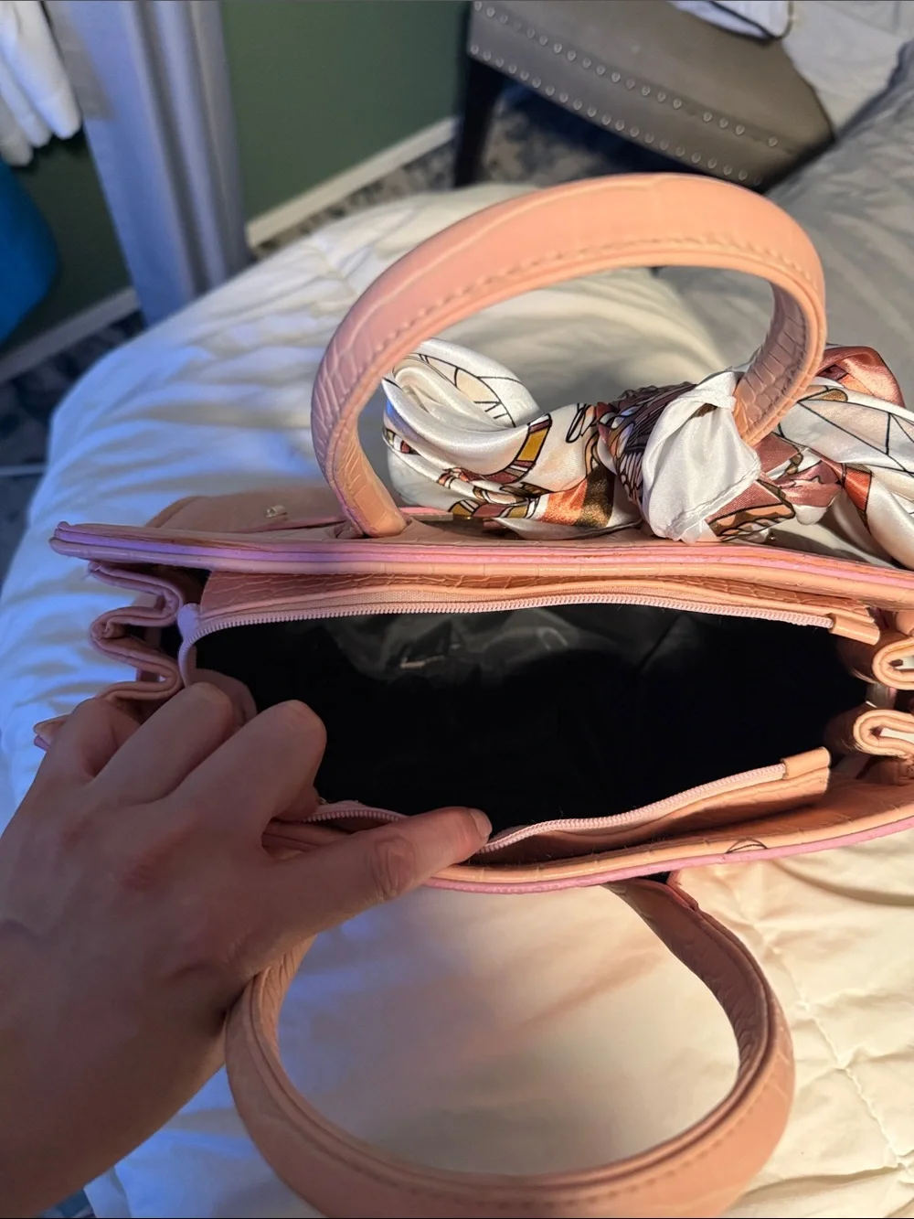 Women's Pink Croc-Embossed Satchel Bag with Silk Scarf